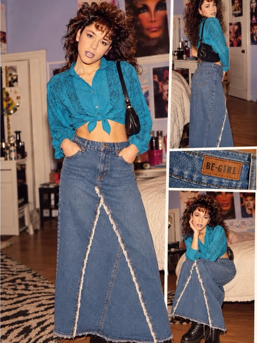 Y2K Denim Grunge A-Line Maxi Skirt Dramatic Front Raw Frayed Seams size M
